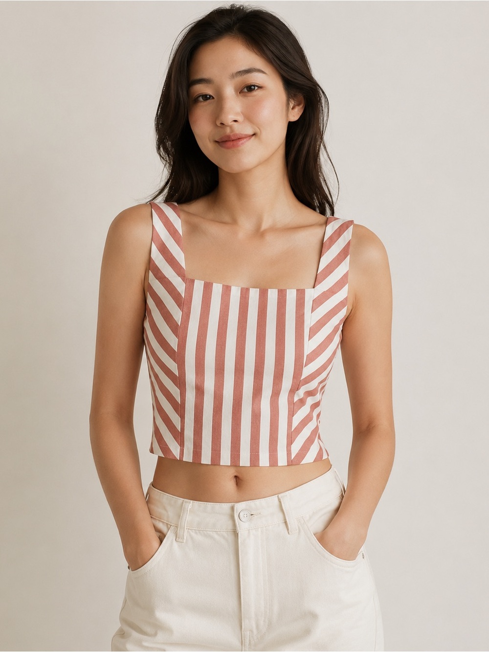 Maurices Women’s Small Rust White Striped Crop Top Square Neck Smocked Back